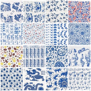 May include: A collection of sixteen square fabric swatches featuring diverse patterns including blue and white landscapes, floral motifs, butterflies, dragons, and colorful cartoon animals like rabbits, birds, and ladybugs on a white background.