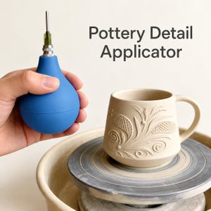 May include: A blue rubber pottery detail applicator with a metal tip, positioned next to a beige ceramic mug featuring embossed floral patterns on a pottery wheel. The text Pottery Detail Applicator is visible in the upper right corner.