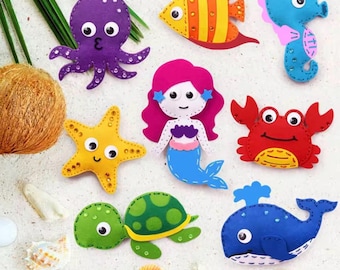 Naaiset zeedieren voor kinderen | Vilten pluche knuffeldier knutselset | DIY-ornamenten zeedieren | Educatief naaipakket