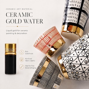 May include: Ceramic gold water for ceramic painting and decoration. The image shows a small glass bottle with a gold cap and several ceramic cups with gold rims. The cups have various designs, including red stripes, black and white patterns, and geometric shapes.