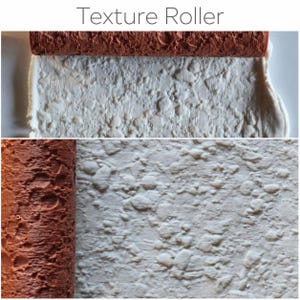 May include: A terracotta-colored texture roller with a rough, uneven surface pattern. The roller is shown pressing into a white, pliable material, leaving behind a detailed, rocky, or stone-like embossed texture. The text Texture Roller is visible.