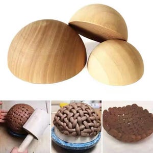 May include: Three wooden half-sphere forms in varying shades of light brown. The top view shows the natural wood grain. Below, a clay sphere is being shaped with a mallet, and two finished woven clay bowls are displayed.