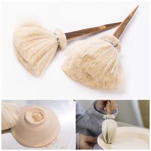 May include: Two pottery tools with light-colored bristles and wooden handles. The bristles are attached to the handle with a metal band. The tools are used to shape and smooth pottery. The image also shows the tools in use.