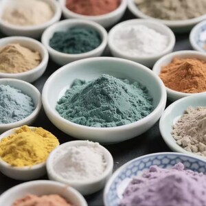 Puede incluir: Una colección de pequeños cuencos de cerámica blanca llenos de diversos pigmentos en polvo de colores. Los polvos incluyen tonos de verde azulado, amarillo, blanco, azul claro, beige, naranja y morado, dispuestos sobre una superficie oscura.