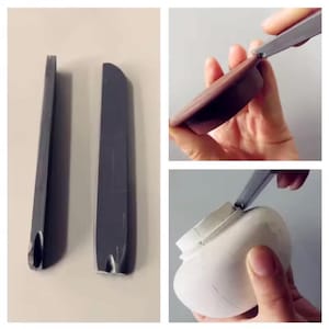 May include: Two grey metal sculpting tools with flat, elongated blades and notched tips. These tools are shown being used to pry apart a dark brown circular lid and to separate a white ceramic vessel from its lid with a thin metal edge.