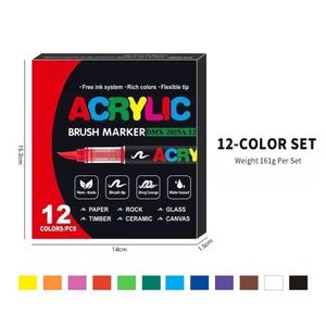 May include: A black box set of 12 acrylic brush markers, with a red and black design. The box is labeled "ACRYLIC BRUSH MARKER" and includes the text "12-COLOUR SET". The box is 15.2cm high, 14cm wide, and 1.5cm deep. The set weighs 161g.