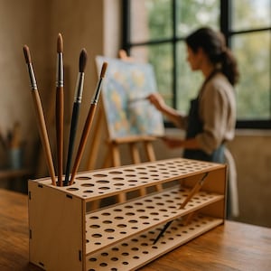 May include: A wooden art brush holder with multiple circular openings, holding several paint brushes. The brushes have wooden handles and metal ferrules. An artist is painting in the background.