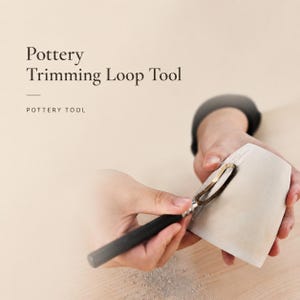 May include: A pottery trimming loop tool with a black handle is used to shape a white ceramic piece. The tool has a curved metal blade. The text "Pottery Trimming Loop Tool" and "Pottery Tool" are visible.