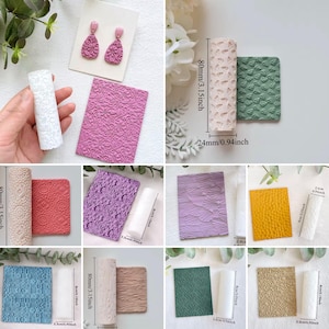 May include: A collection of cylindrical clay texture rollers and rectangular patterned sheets in various colours including pink, green, red, purple, yellow, blue, and tan. Each roller measures 80mm in height and 24mm in diameter.