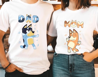 Funny Blue Dog Dancing T-Shirt: Matching Dad Mum Shirts