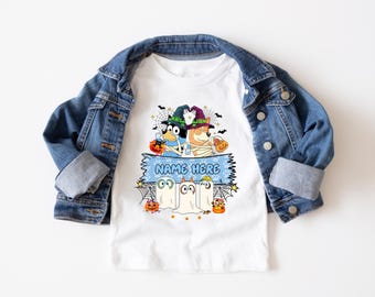 Custom Blue Dog Halloween Shirt, Personalized Family Halloween Tee, Cute Ghost Boo Top, Spooky Season Kids & Toddler Shirt