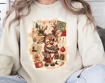Cute Reindeer Christmas Graphic Apparel, Vintage Holiday Collage Shirt, Festive Reindeer T-Shirt and Sweatshirt