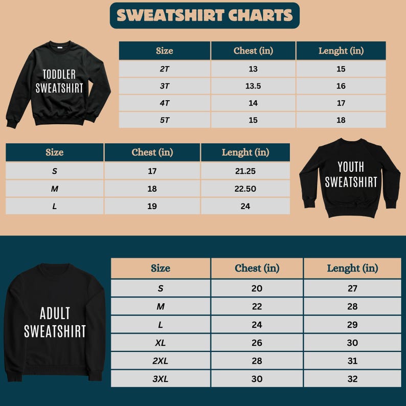 a collection of size charts for children's sweatshirts, including toddler, young, and adult sizes. The charts provide measurements for chest and length in inches, as well as the corresponding size in the sweatshirt.