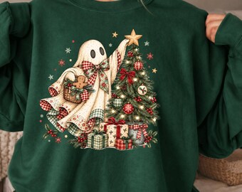 Sweat-shirt de Noël avec sapin décoré de fantômes, chemise vintage patchwork avec fantômes de Noël