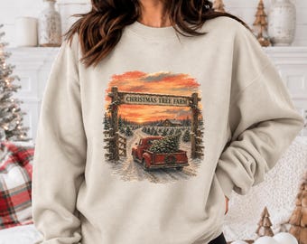 Christmas Tree Farm Graphic Apparel, Vintage Red Truck Holiday Shirt, Rustic Winter T-Shirt and Sweatshirt