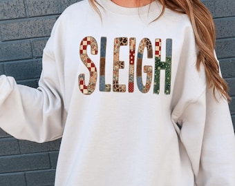 Sleigh Christmas Sweatshirt, Patchwork Quilt Holiday Graphic Shirt