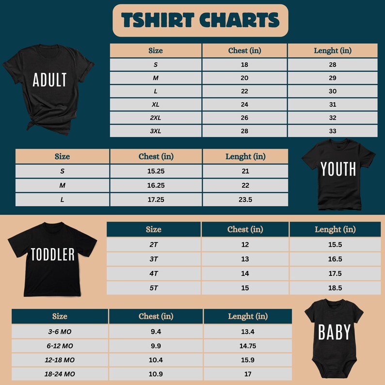 a collection of T-shirt charts, providing sizes and measurements for different age groups, including adults, youth, and toddlers.