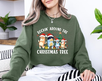 Rockin&#39; Around The Christmas Tree Blue Dog Family Shirts , Family  Matching Christmas Shirts , Cute Cartoon Christmas Shirts