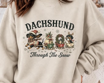 Dachshund Through the Snow Christmas Graphic Apparel, Festive Wiener Dog Holiday T-Shirt and Sweatshirt
