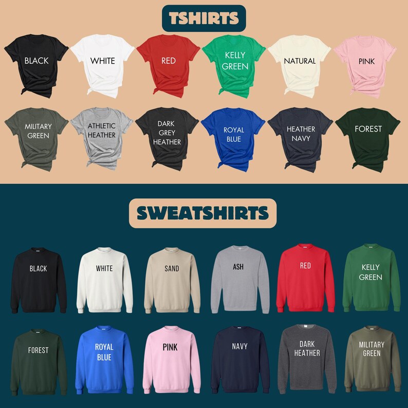 a collection of various colored t-shirts and sweatshirts, including black, white, red, green, natural, pink, military green, athletic gray, royal blue, heather pink, forest green, navy, and dark grey.