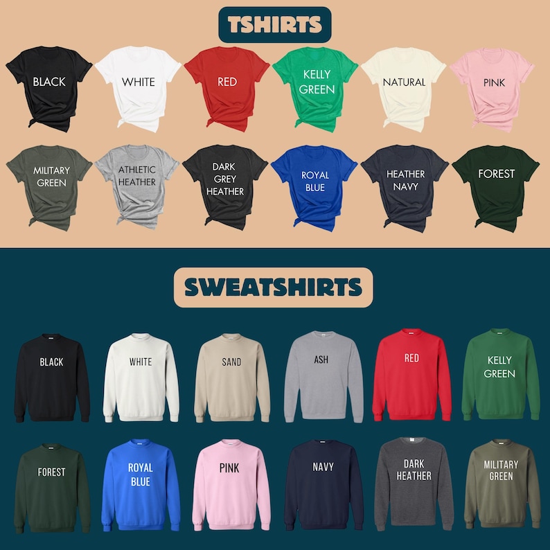 a collection of various colored t-shirts and sweatshirts, including black, white, red, green, natural, pink, military green, athletic gray, royal blue, heather pink, forest green, navy, and dark grey.