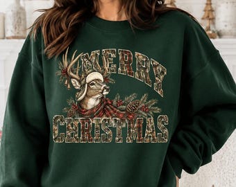 Merry Christmas Camo Deer Sweatshirt, Vintage Hunting Christmas Buck Graphic Shirt