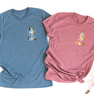 Pocket Design Dancing Blue Dog Dad Mum Shirts , Matching Couple  Shirts , Cute Mum Shirts