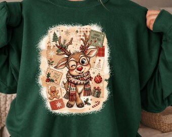 Cute Reindeer Christmas Sweatshirt, Vintage Holiday Collage Red Nose Reindeer Shirt