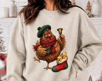 Christmas Chicken Graphic Apparel, Festive Hen and Chicks Holiday Shirt, Farm T-Shirt and Sweatshirt