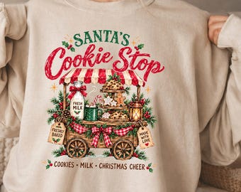 Santa's Cookie Stop Christmas Sweatshirt, Vintage Cookie Cart Holiday Shirt