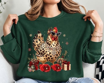 Leopard Christmas Chicken Sweatshirt, Sassy Holiday Hen Graphic Shirt