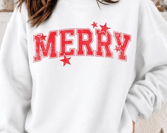 Merry Christmas Varsity Sweatshirt, Retro Collegiate Holiday Graphic Shirt
