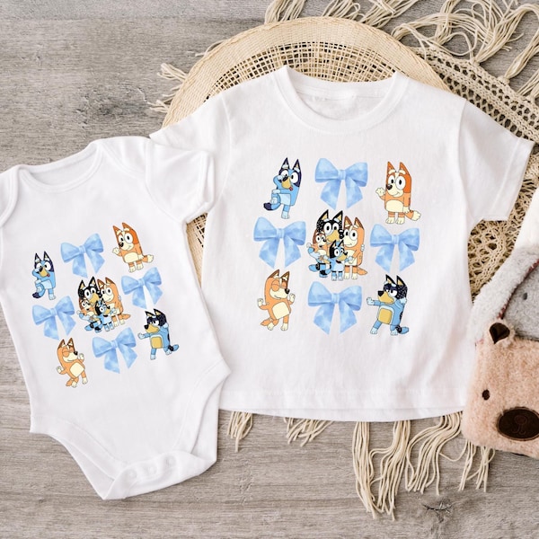 Coquette Bow Blue Dog Family Shirt: Funny Matching Couple Shirts