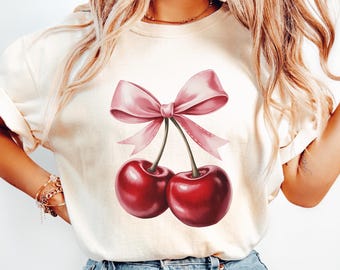 Cherry Bow Shirt, Coquette Aesthetic Tee, Red Cherries Cute Cottagecore Graphic T-Shirt