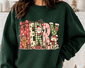 Merry Christmas Patchwork Sweatshirt, Santa Gingerbread Bear Holiday Graphic Shirt