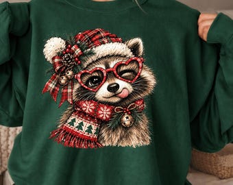 Christmas Raccoon Heart Sunglasses Sweatshirt, Cute Vintage Plaid Holiday Animal Shirt