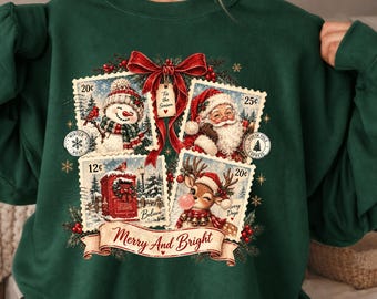 Merry and Bright Vintage Christmas Postcard Sweatshirt, Santa Snowman Reindeer Holiday Collage Shirt