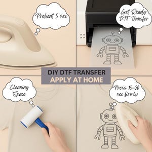 The image is a collage of four images showing the process of transferring a robot design onto fabric using a DIY DTF (Design-To-Print) printer.
