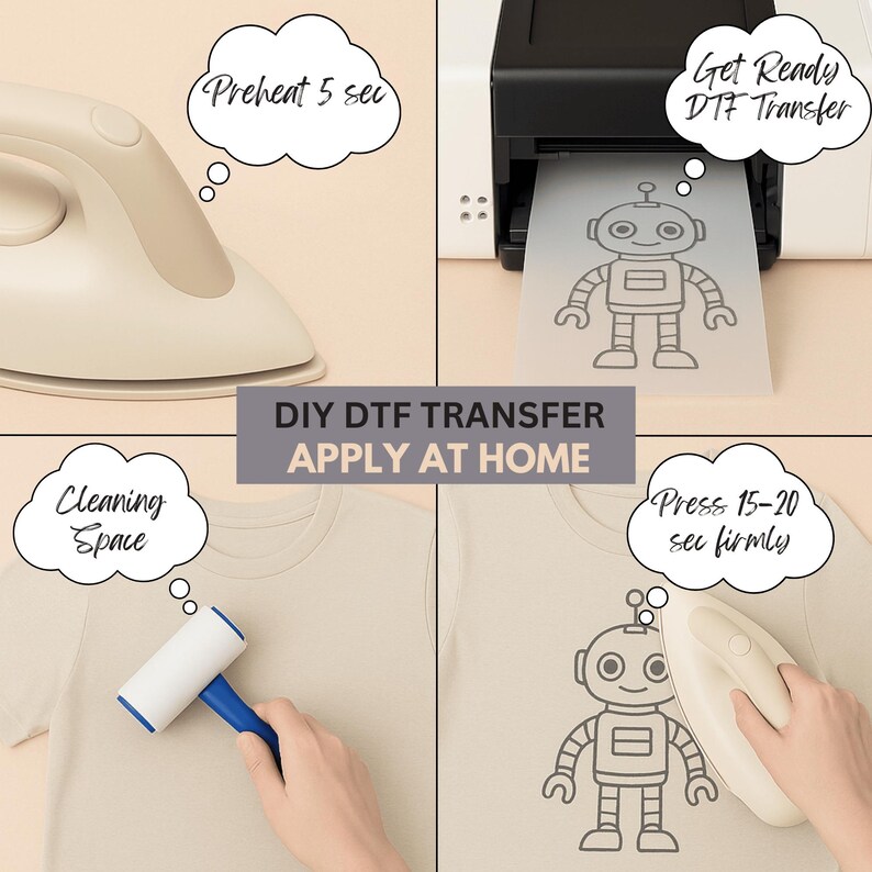 The image is a collage of four images showing the process of transferring a robot design onto fabric using a DIY DTF (Design-To-Print) printer.