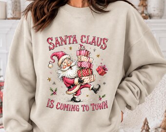 Santa Christmas Gift Graphic Apparel, Vintage Holiday Santa Shirt, Retro Pink T-Shirt and Sweatshirt