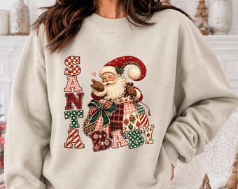 Santa Baby Christmas Graphic Apparel, Vintage Patchwork Santa Holiday Shirt, Retro T-Shirt and Sweatshirt