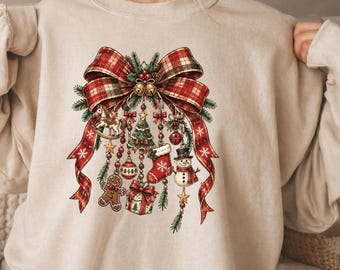 Vintage Christmas Bow Ornament Sweatshirt, Rustic Holiday Plaid Bow Graphic Shirt