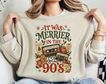 90s Christmas Graphic Apparel, It Was Merrier in the 90s Holiday Shirt, Retro Cassette T-Shirt and Sweatshirt