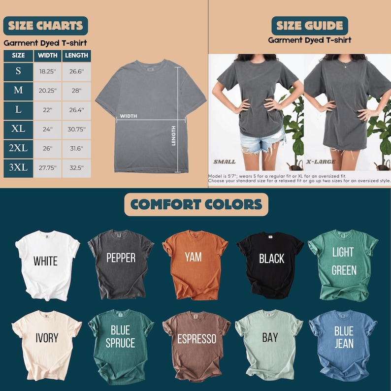 The image is a collage of various t-shirt designs, including different sizes and colors, along with size charts and a guide for choosing the right size.