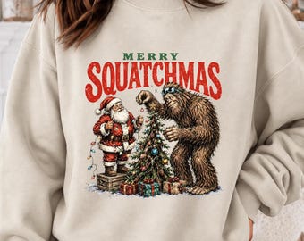 Merry Squatchmas Bigfoot Christmas Graphic Apparel, Santa Holiday Shirt, Funny Sasquatch T-Shirt and Sweatshirt