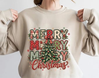 Merry Merry Merry Christmas Graphic Apparel, Plaid Christmas Tree Shirt, Retro Holiday T-Shirt and Sweatshirt