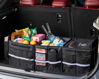 May include: Black trunk organizer with multiple compartments and pockets. The organizer is filled with various items, including snacks, sports equipment, and a cooler bag.