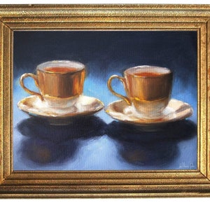Golden Teacups Oil Painting: Moody Kitchen Still Life, 12x16&quot;