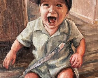 Custom Oil Baby Portrait, Hand Painted on Canvas, Family Keepsake, Gift for Parents, Boy Painting from Photo