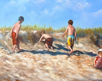 Custom Family Oil Portrait from Photo, Children Portrait, Personalized Keepsake, Beach Scene Painting